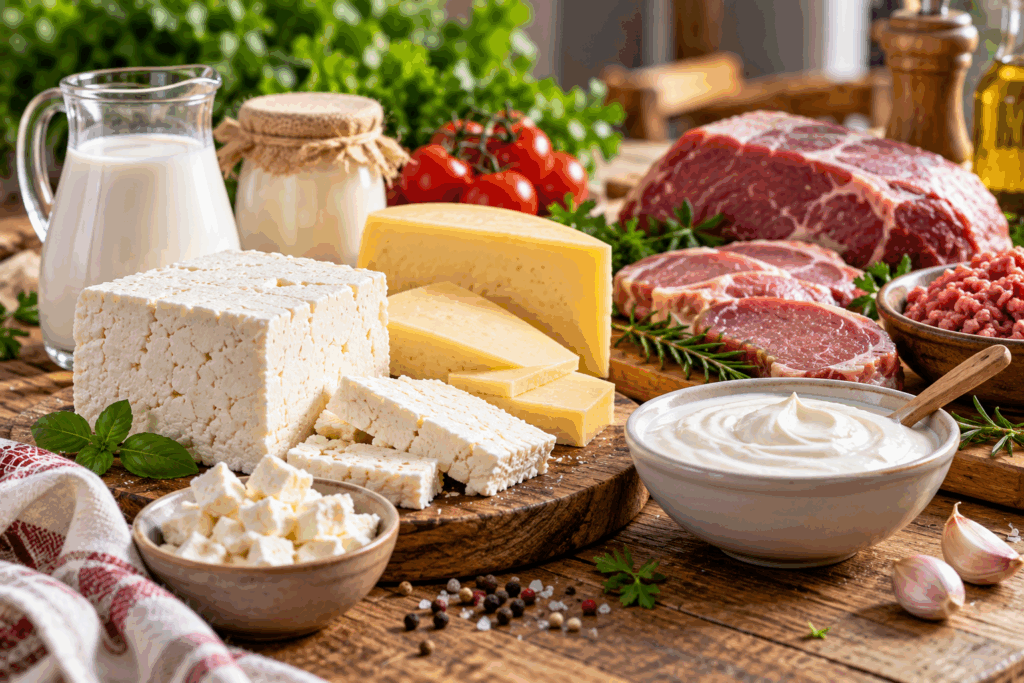 Млечни и месни продукти за приготвяне на разнообразно семейно меню.